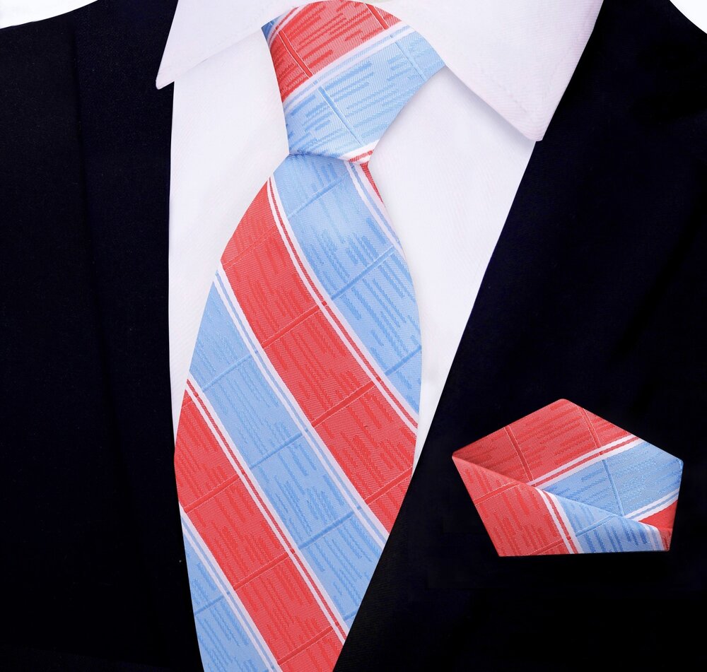 Red Blue Stripe Tie and Pocket Square||Red, Blue