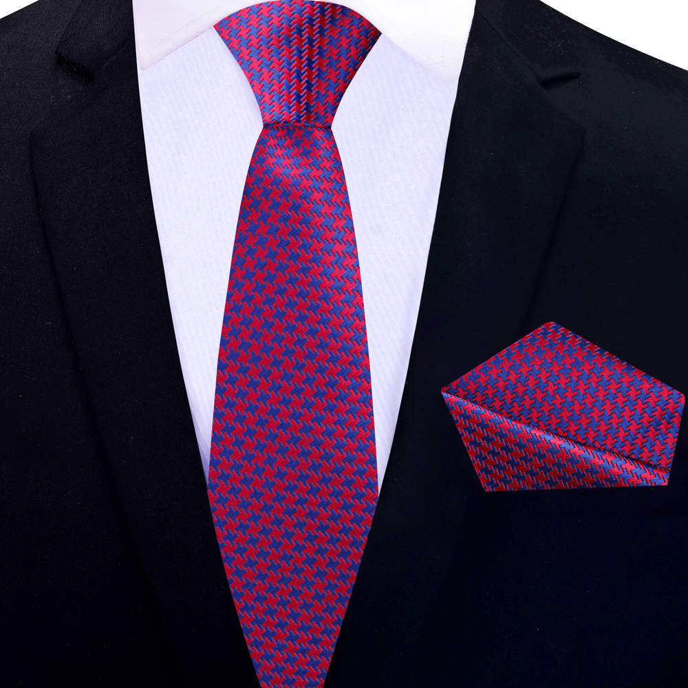 Red, Blue Hounds Tooth Thin Tie and Square