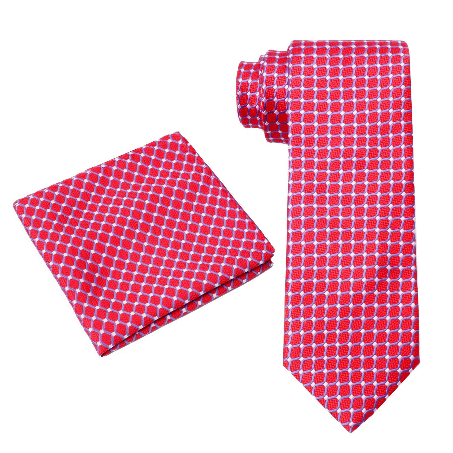 Alt View: A Red, White, Light Blue Geometric Pattern Pattern Silk Necktie, Matching Pocket Square