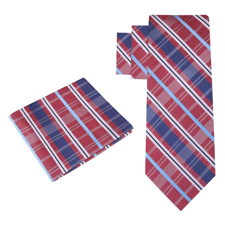 Alt View: Red, Blue Plaid tie and pocket Square
