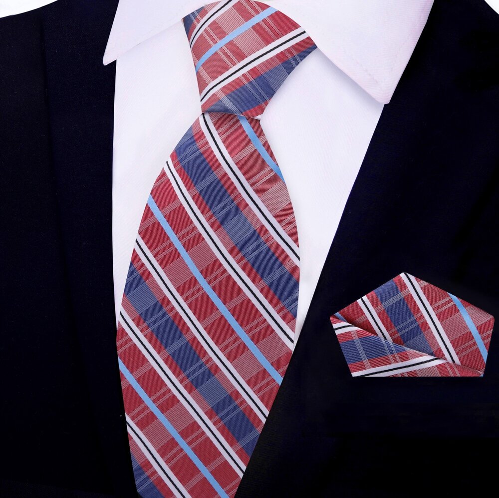 Red, Blue Plaid tie and pocket Square||Red