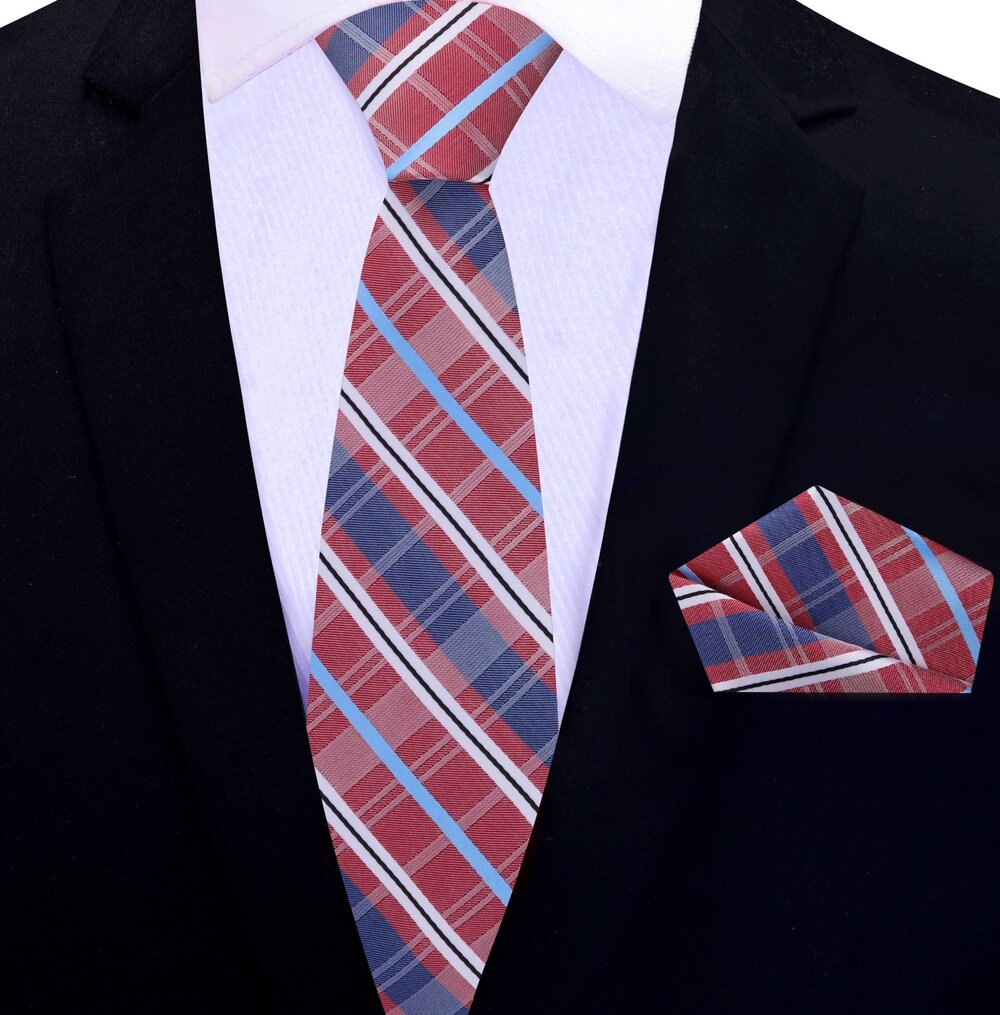Red, Blue Plaid Thin Tie and pocket Square||Red