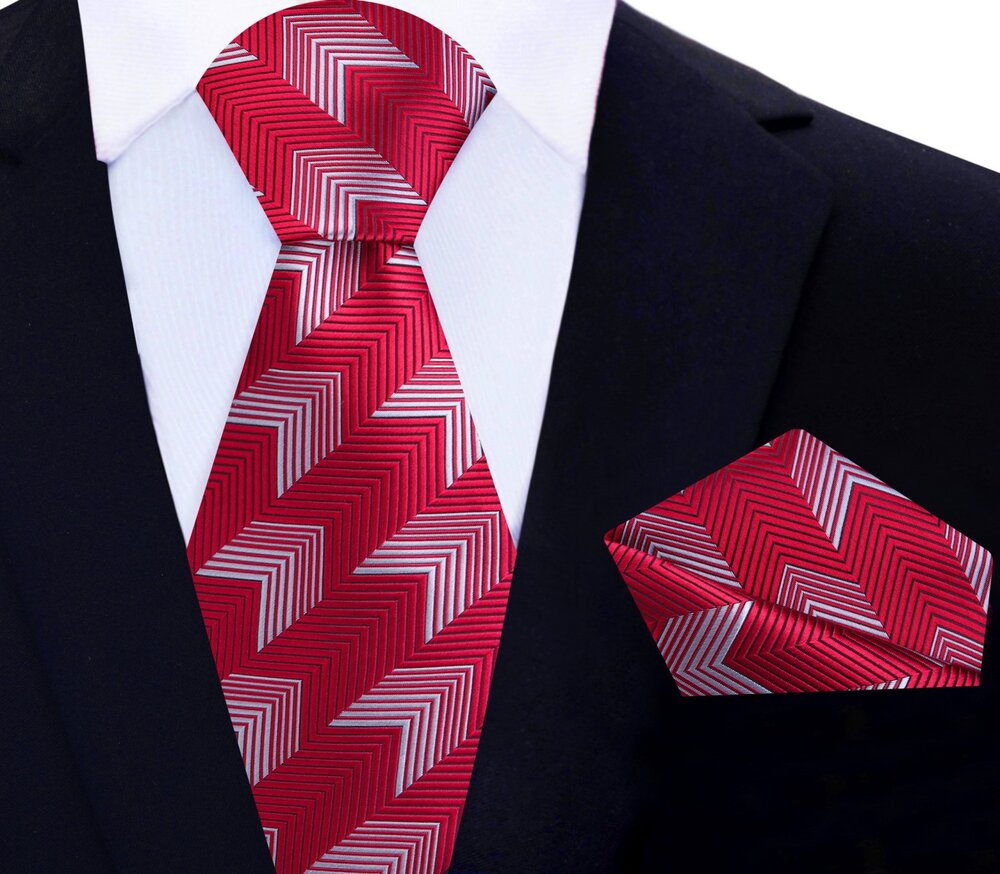 Main View: Red Geometric Boost Tie and Pocket Square