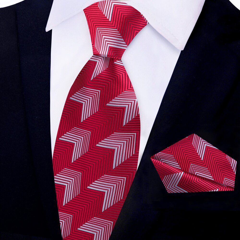 Red Geometric Boost Tie and Pocket Square||Red