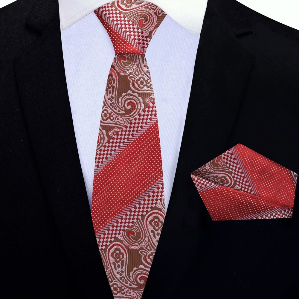 Bright Red, Brown Paisley Check Thin Tie and Square||Red