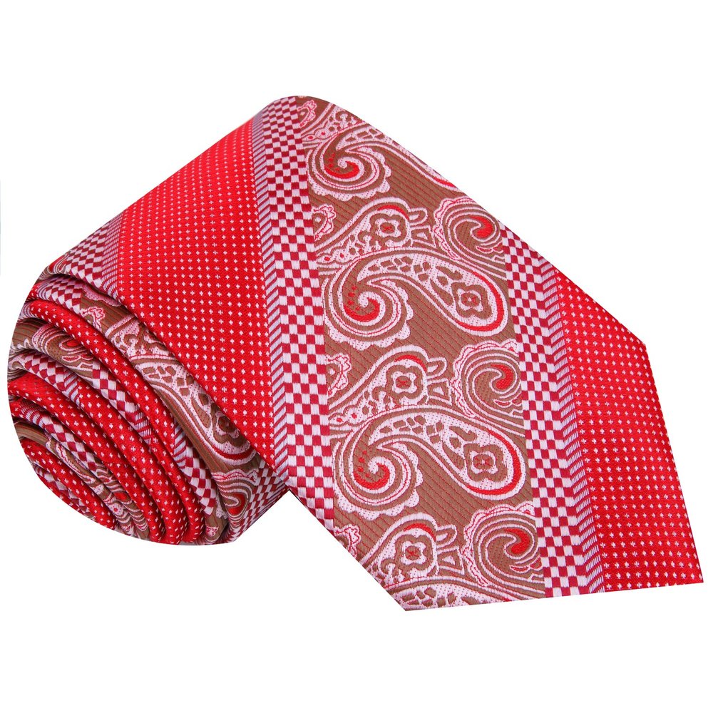 Bright Red, Brown Paisley Check Tie||Red