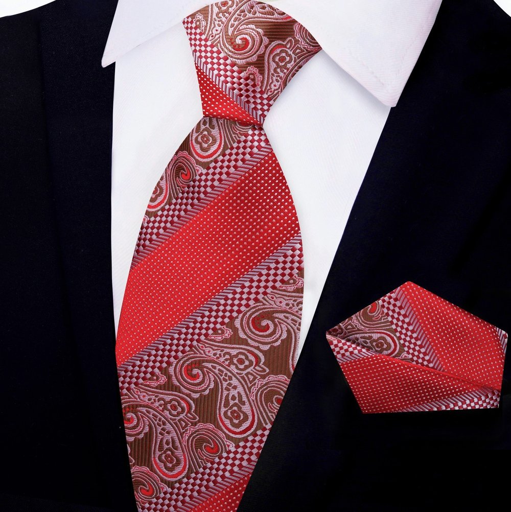 Bright Red, Brown Paisley Check Tie and Square||Red