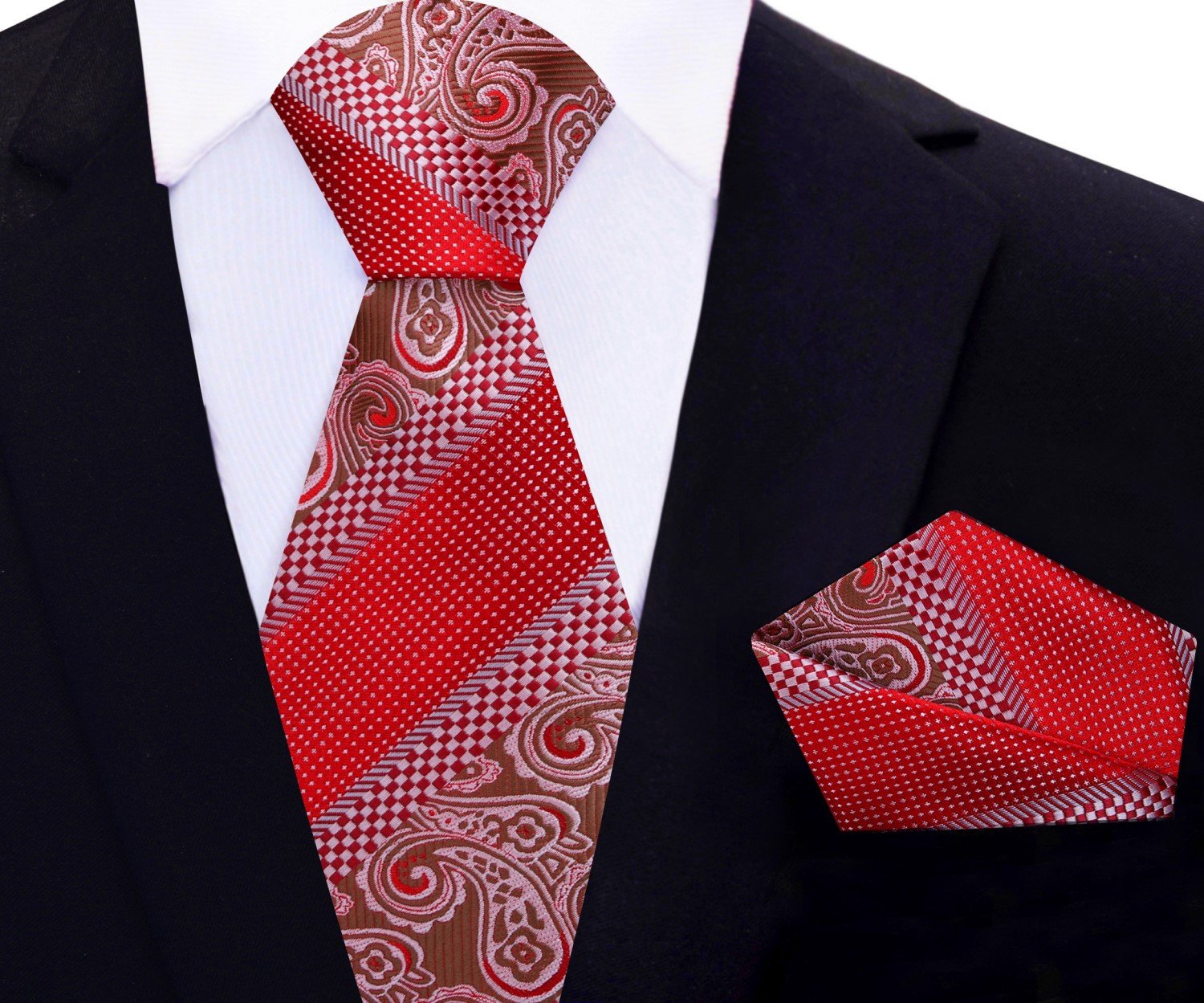Main view: Bright Red, Brown Paisley Check Tie and Square