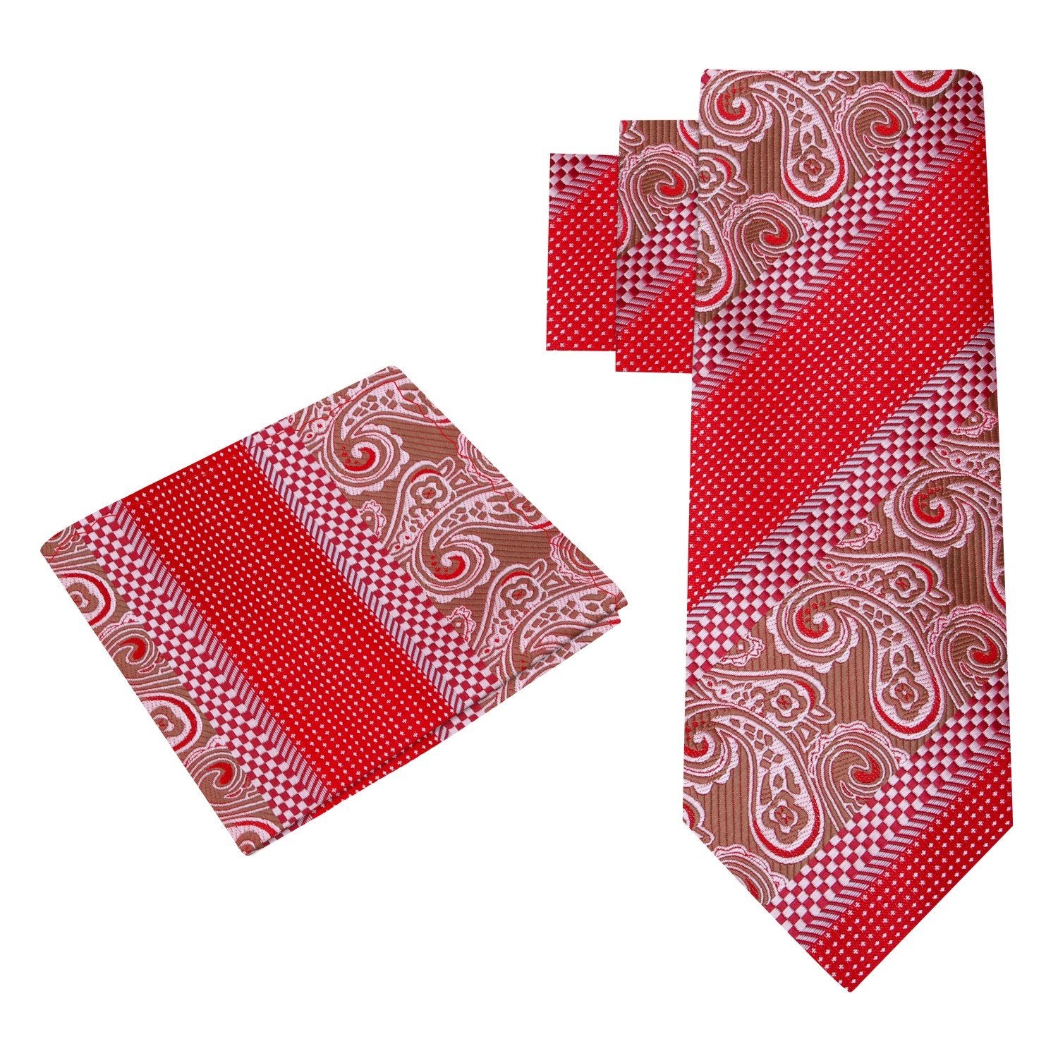 Alt View: Bright Red, Brown Paisley Check Tie and Square