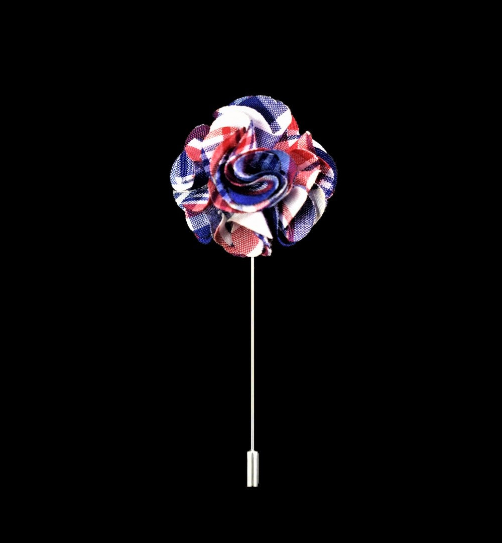 A Red, Blue Plaid Colored Leafy Petal Flower Shaped Lapel Pin||Red, Blue