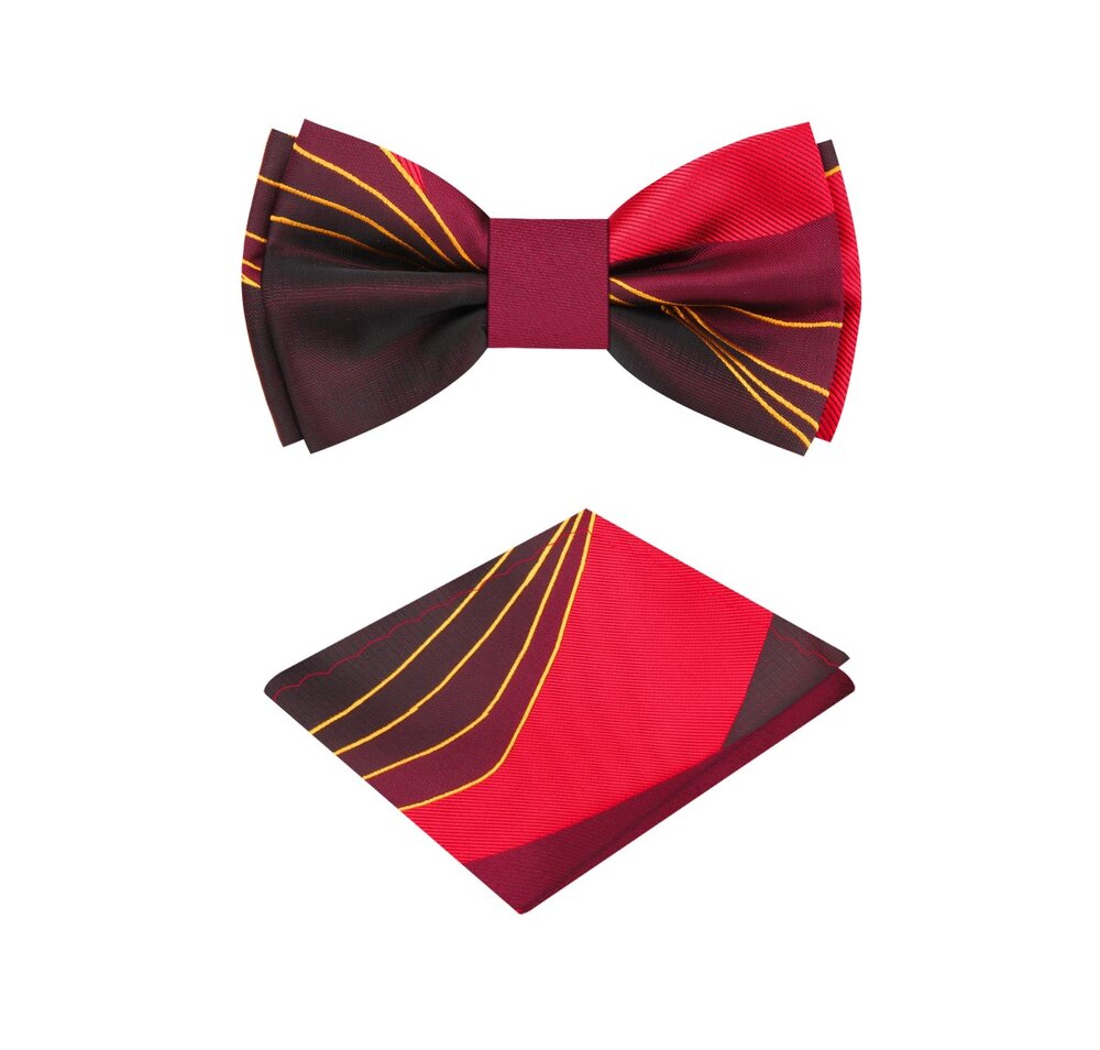 A Burgundy, Red, Gold Abstract Pattern Silk Self Tie Bow Tie With Matching Pocket Square||Burgundy, Wine, Black, Yellow