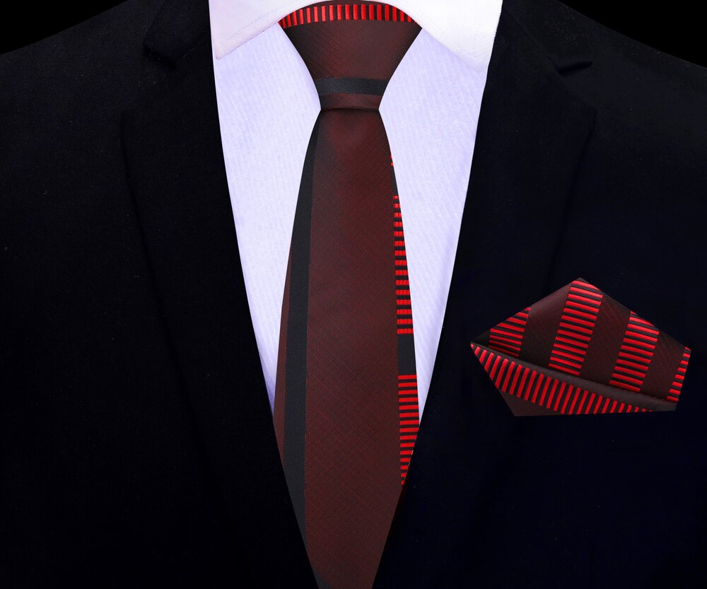 Red Lines Thin Tie and Pocket Square||Red