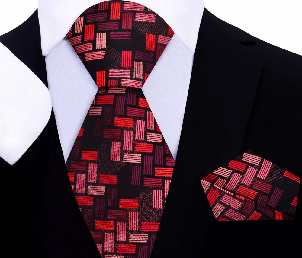 Shades of Red Blocks Tie and Pocket Square