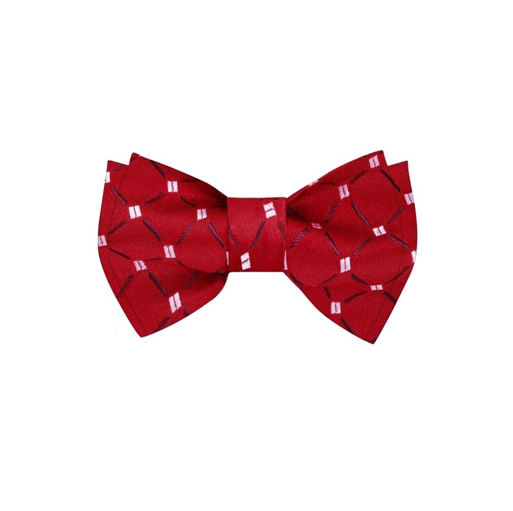 A Red, White Geometric with Small Checks Pattern Silk Bow Tie, Matching Pocket Square