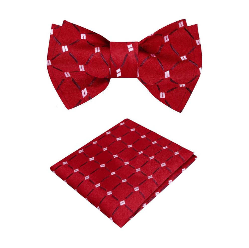 A Red, White Geometric with Small Checks Pattern Silk Bow Tie, Matching Pocket Square||Red