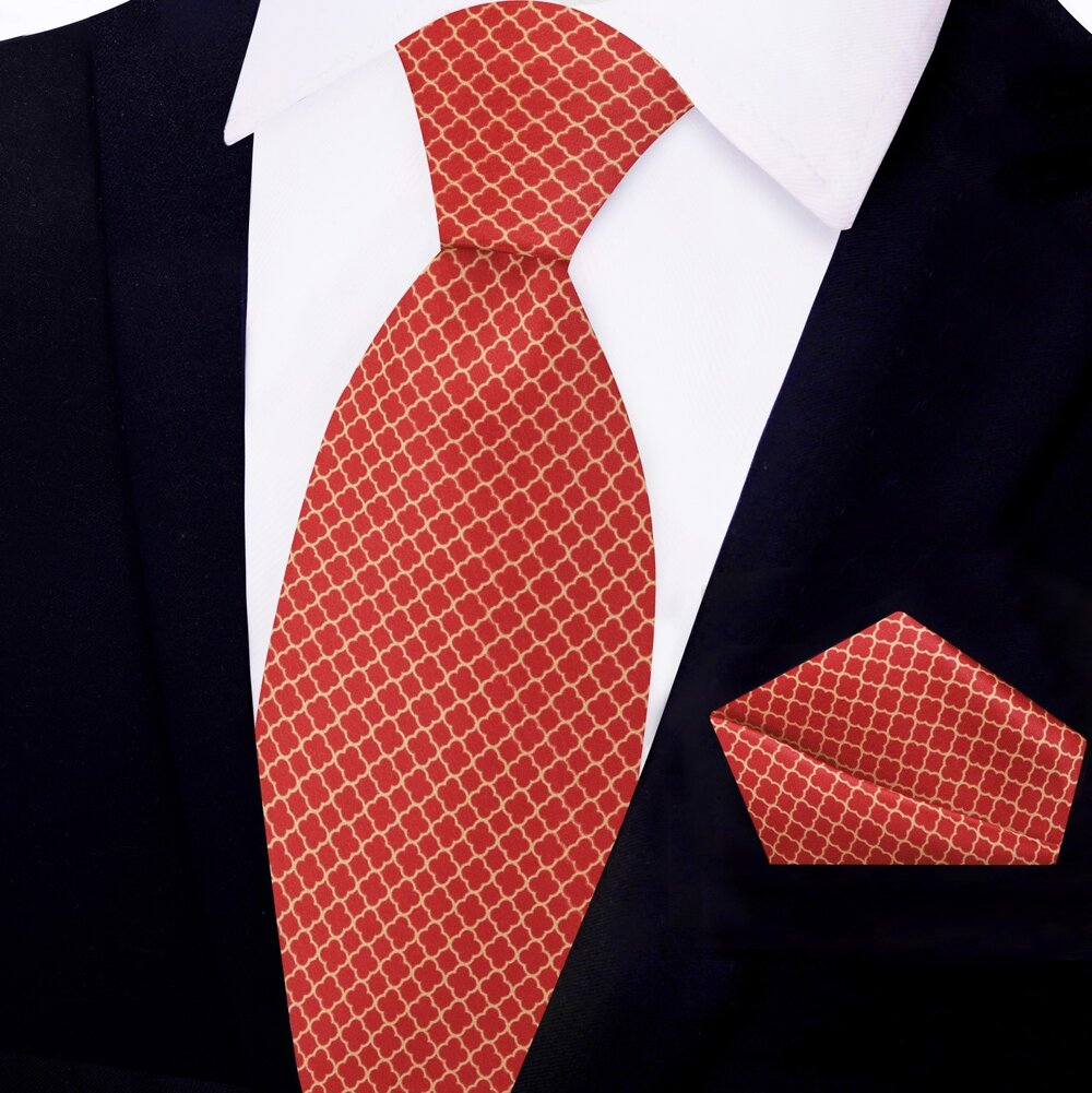 Red, Old Gold Quatrefoil Tie and Square
