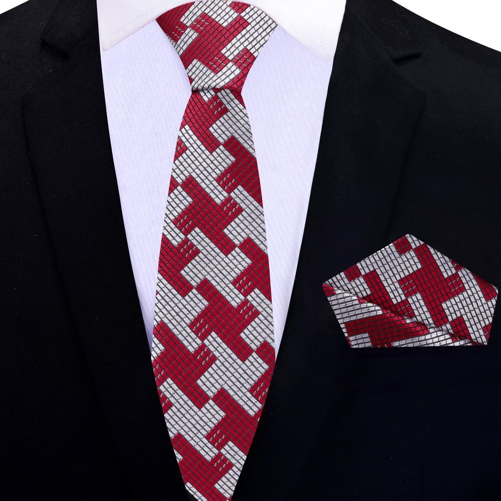 Red, Grey Big Hounds-tooth Thin Tie and Pocket Square||Red, Grey
