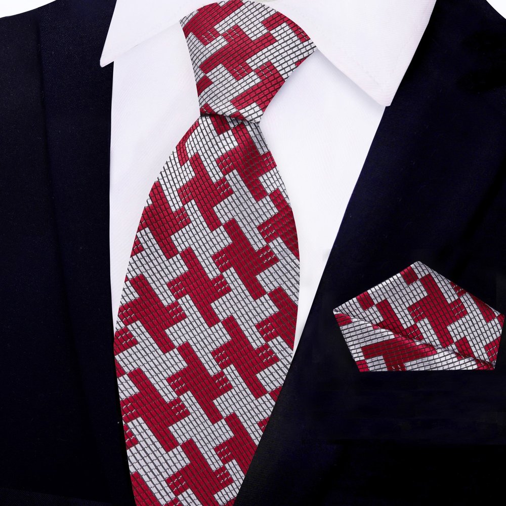 Red, Grey Big Hounds-tooth Tie and Pocket Square||Red, Grey