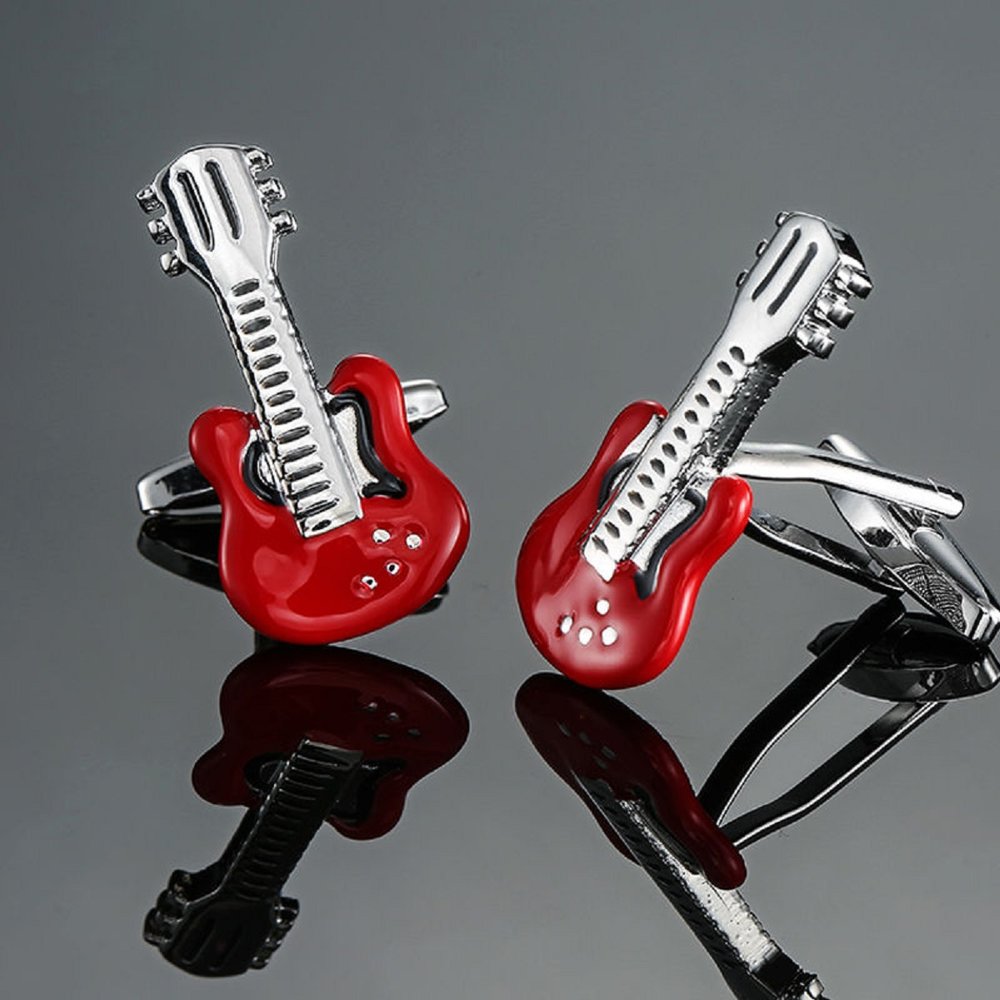 A Red, Black, Chrome Colored Guitar Shape Cuff-links
