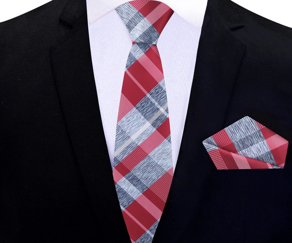 Red, Blue Plaid Thin Tie and Pocket Square||Red, Blue