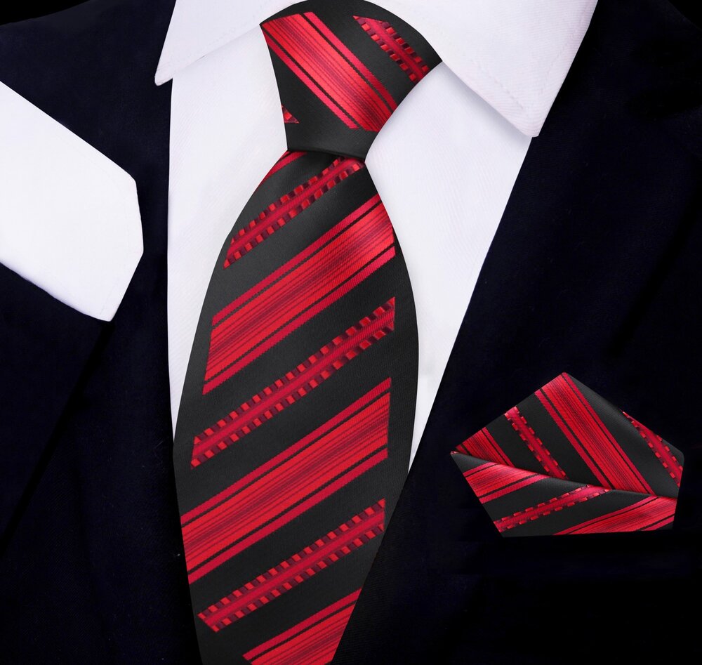 Black, Red Stripe Tie and Pocket Square