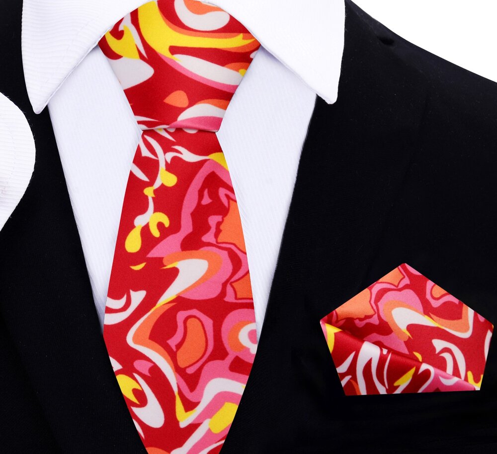 Red, Yellow, White, Pink, Orange Abstract Thin Tie and Pocket Square