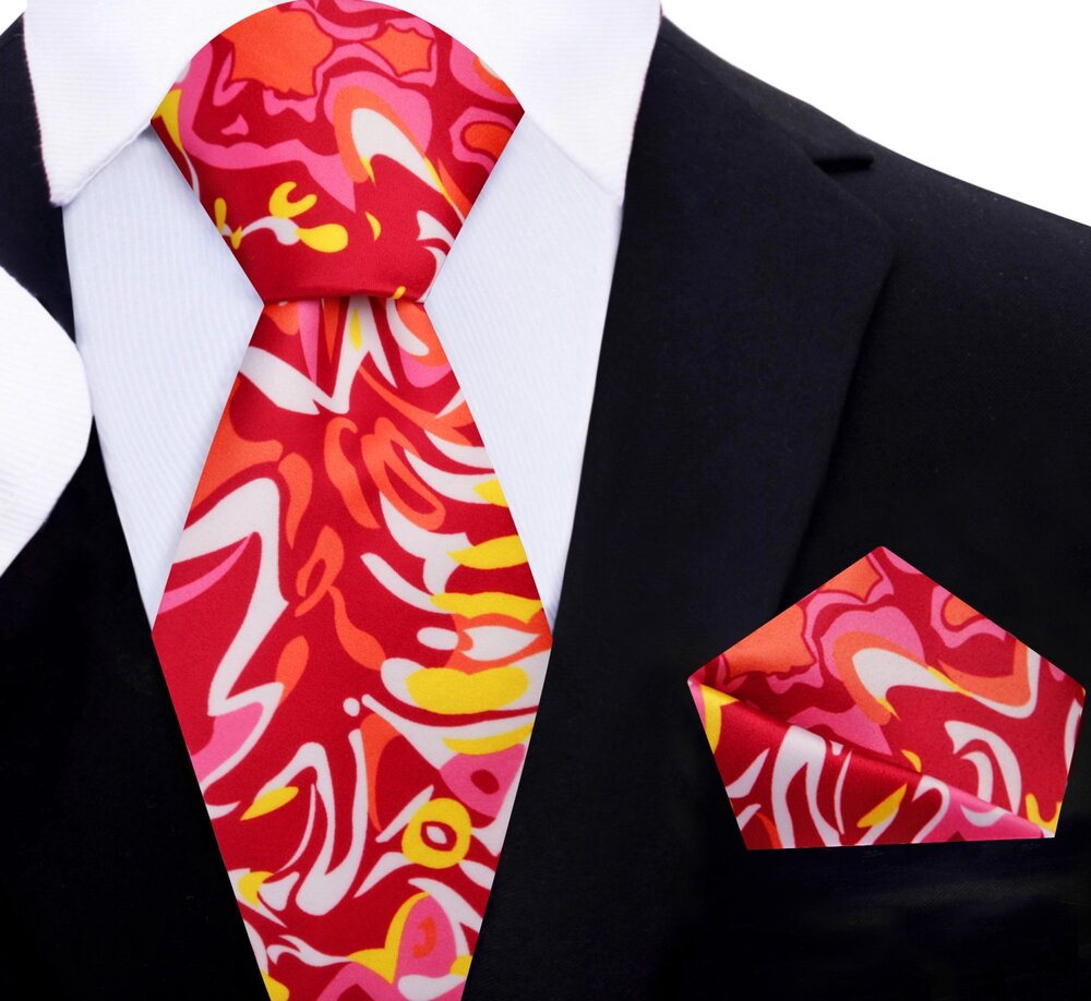 Red, Yellow, White, Pink, Orange Abstract Tie and Pocket Square
