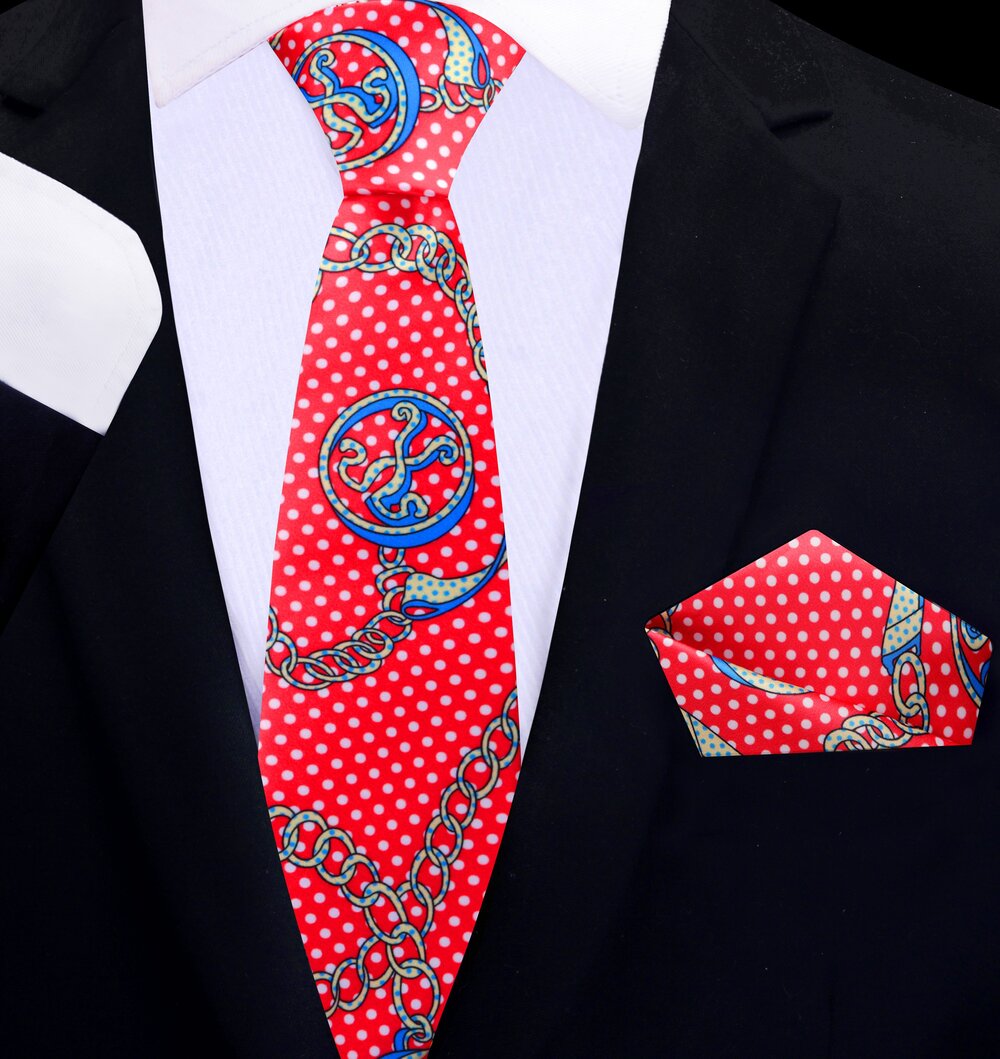 Thin tie view red peace tie and square||Red, Blue, Gold