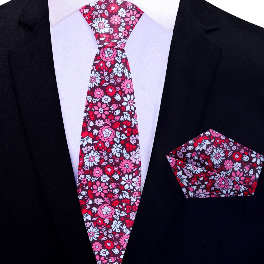 Red, Pink, White Small Intricate Flowers Thin Tie and Square||Red