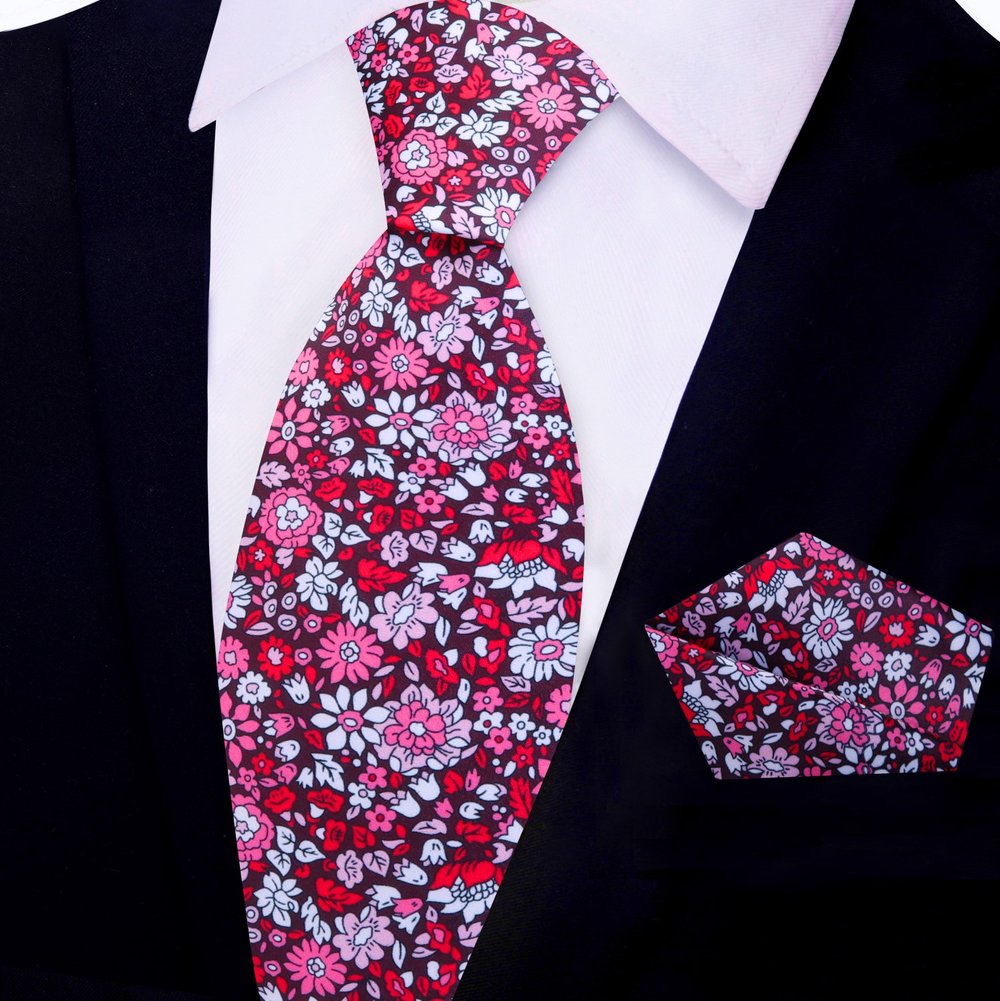 Red, Pink, White Small Intricate Flowers Tie and Square||Red