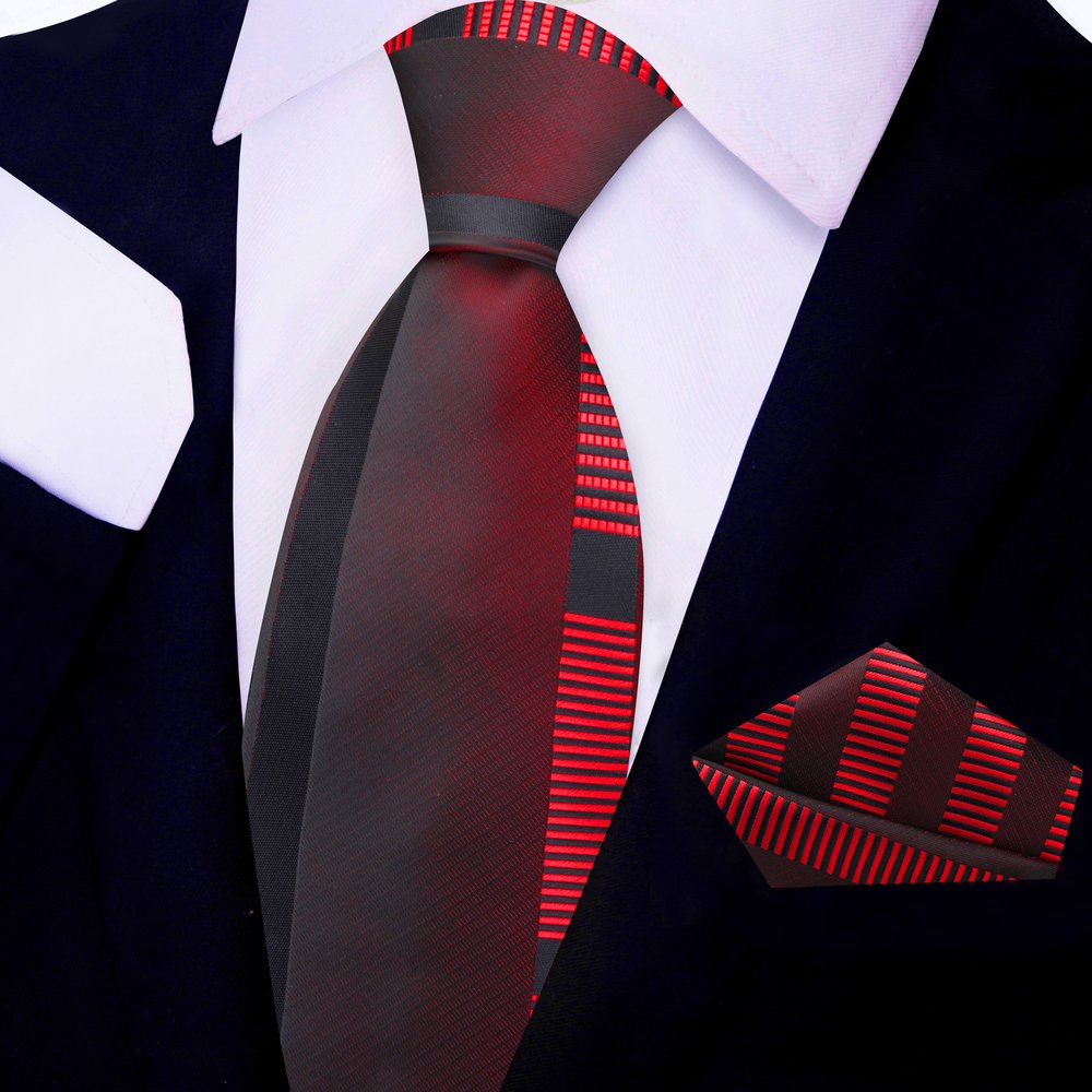 Red Lines Tie and Pocket Square||Red