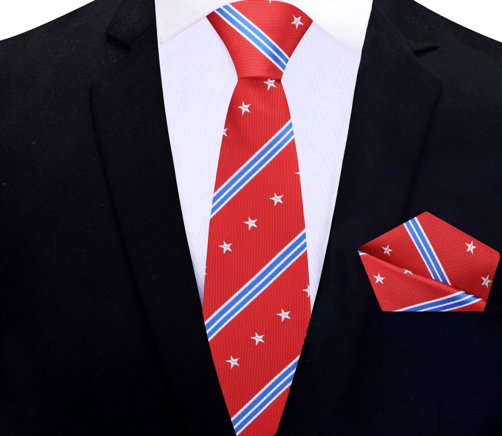 Thin Tie View: Red, Blue, White Stars and Stripes Tie and Square