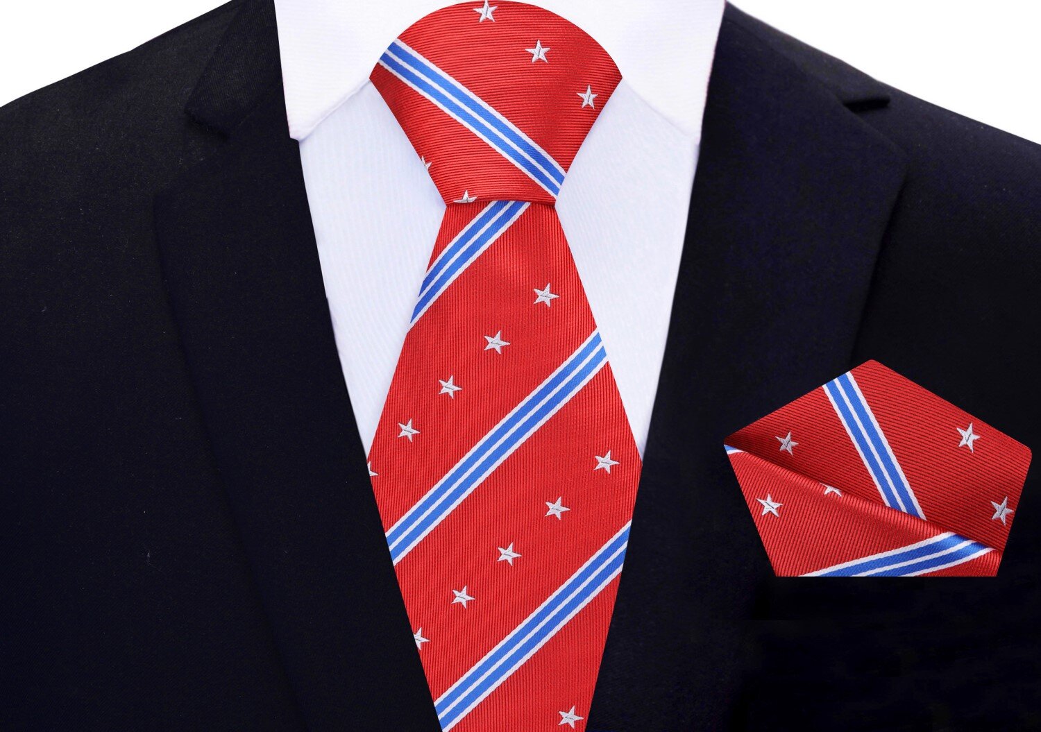 Main View: Red, Blue, White Stars and Stripes Tie and Square