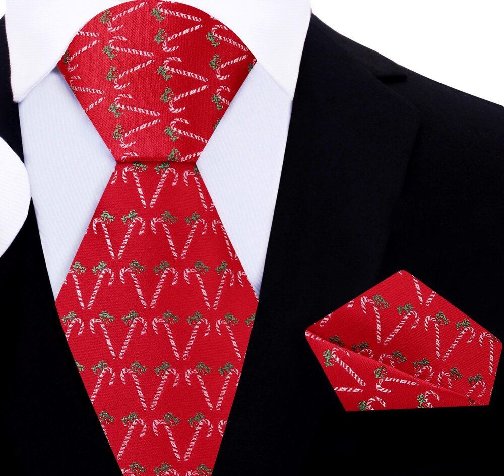 Red, Green, White Candy Cane Silk Necktie And Pocket Square