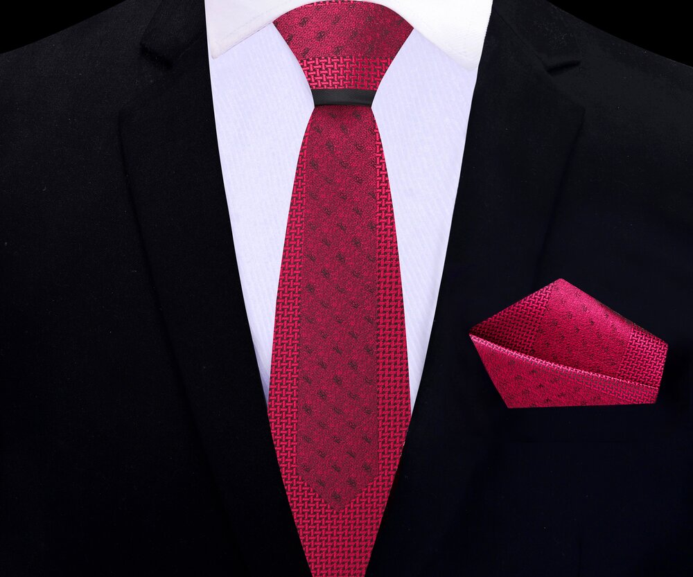 black suit pink shirt red tie