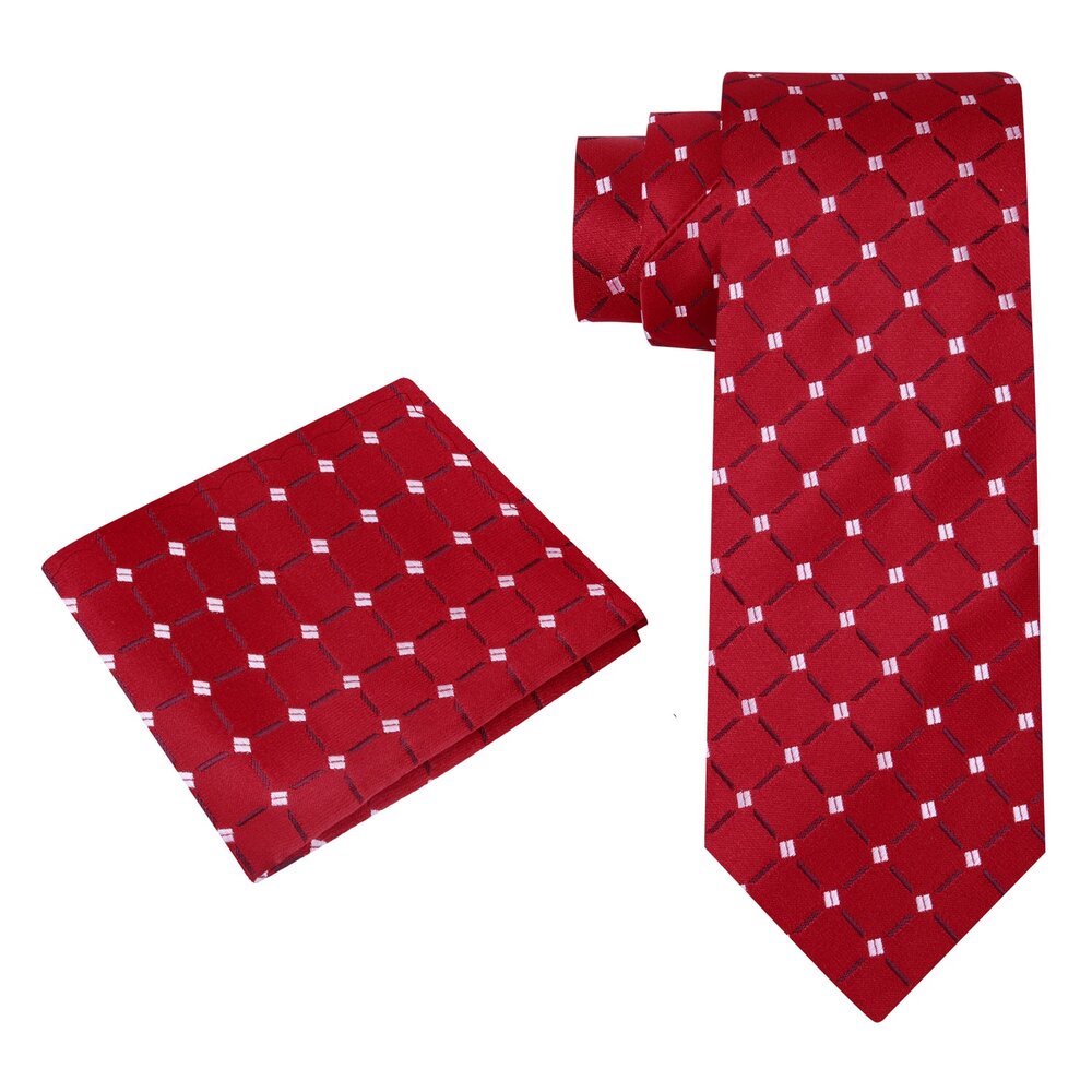 Alt View: A Red With White Geometric and Check Pattern Silk Necktie, Matching Pocket Square
