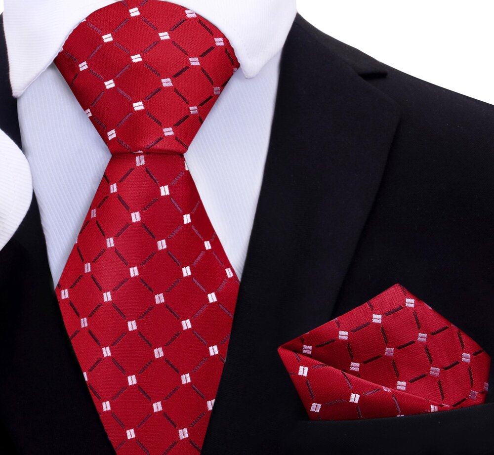  A Red With White Geometric and Check Pattern Silk Necktie, Matching Pocket Square||Red