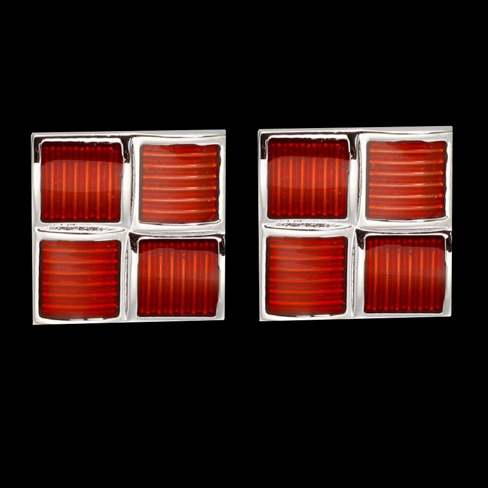 A Red, Chrome Square Shaped Cuff-links