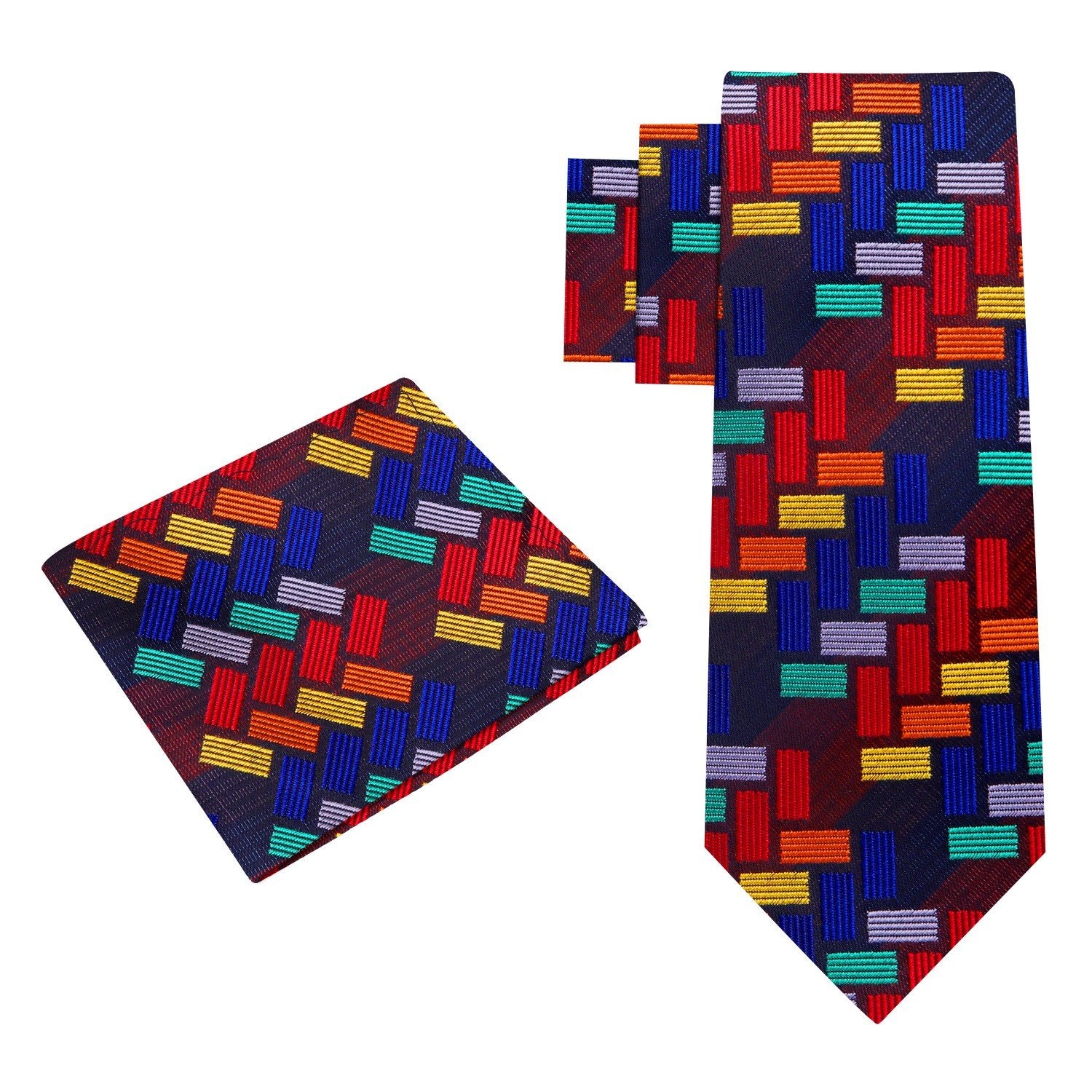 Alt View: Black, Yellow, Red, Blue, Orange Blocks Tie and Pocket Square