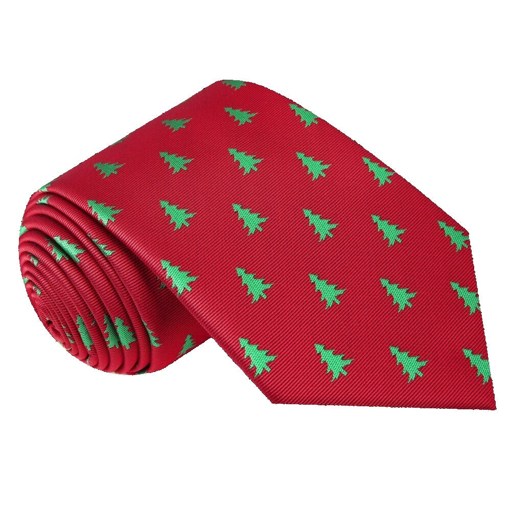 Red Silk with Green Christmas Trees Tie