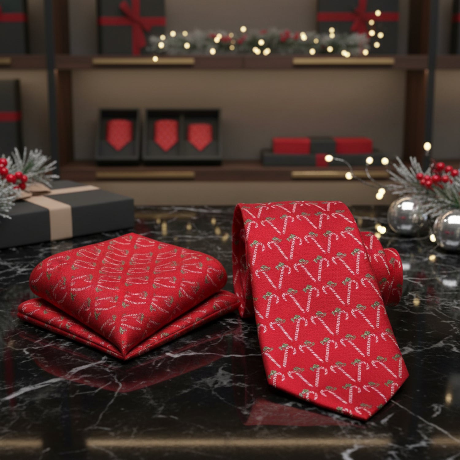 Alt View: Red, Green, White Candy Cane Necktie And Pocket Square