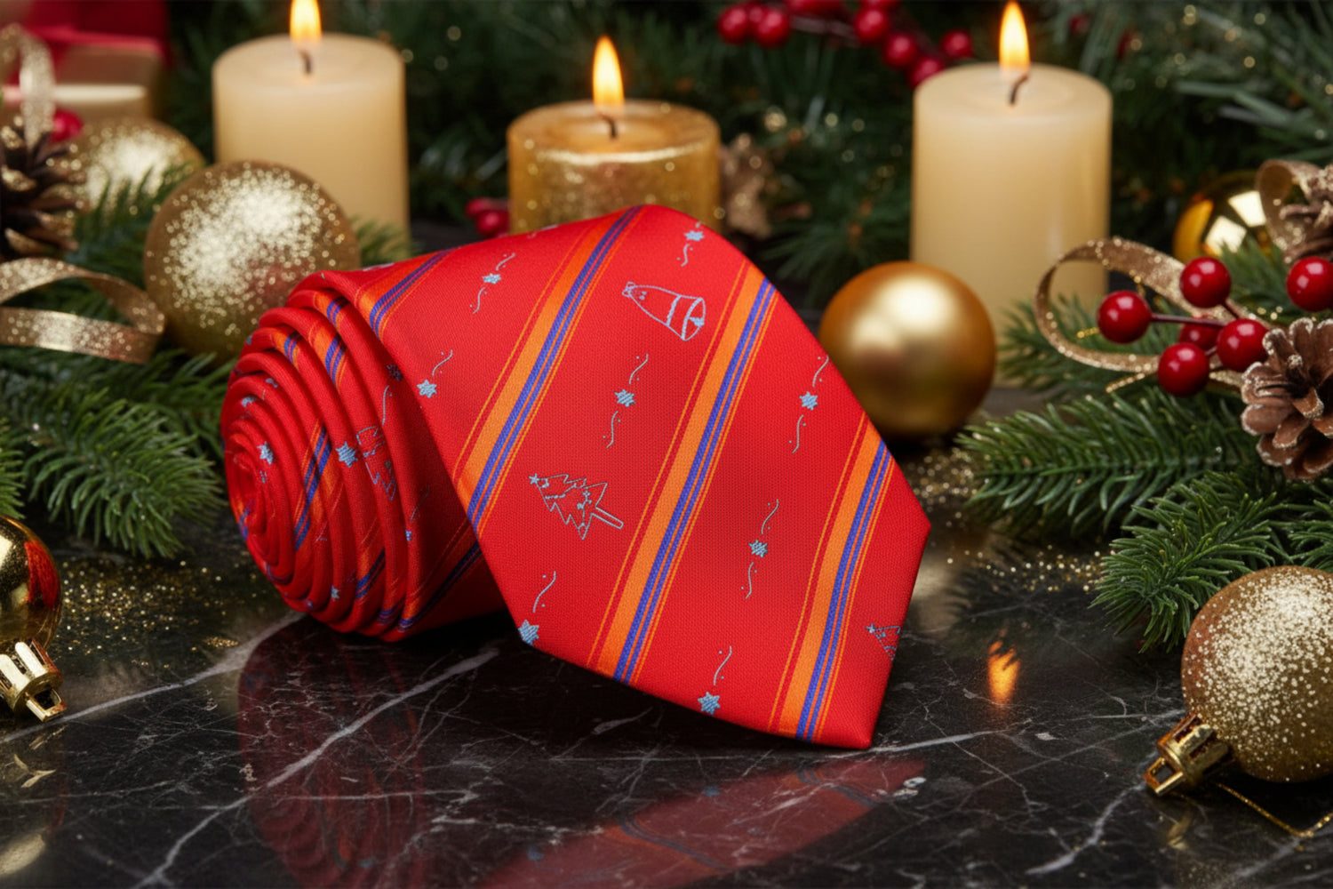 Red Silk with Christmas Tree and Bell Tie 