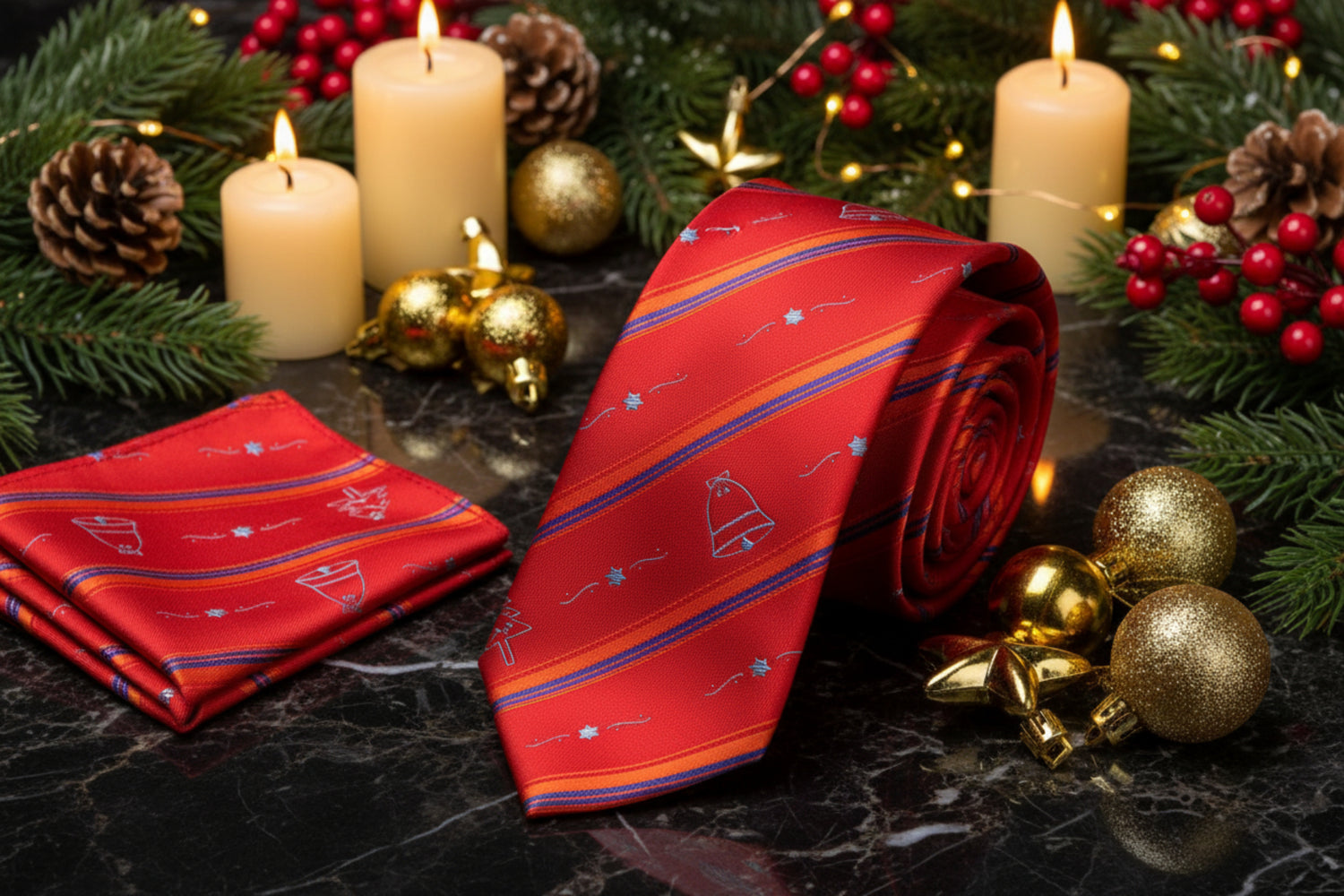 Alt view: Red with Christmas Tree and Bell Tie 