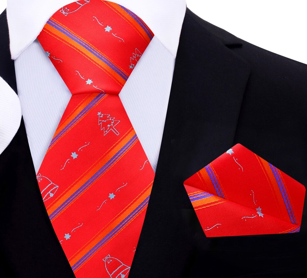 Red with Christmas Tree and Bell Tie and Pocket Square