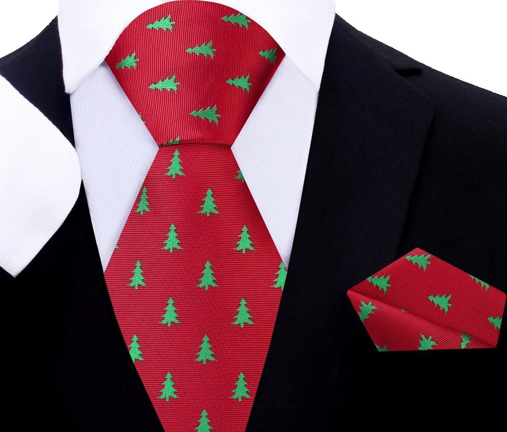 Red Silk with Green Christmas Trees Tie and Pocket Square
