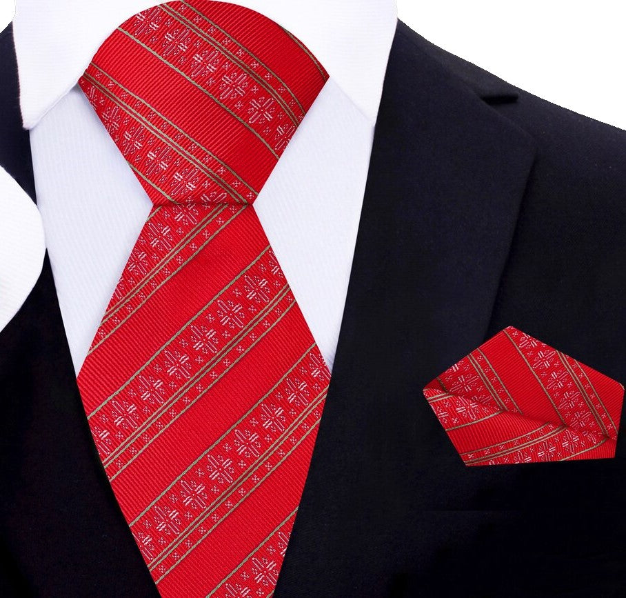 Red Silk with Green Stripe and Snowflake Tie and Pocket Square