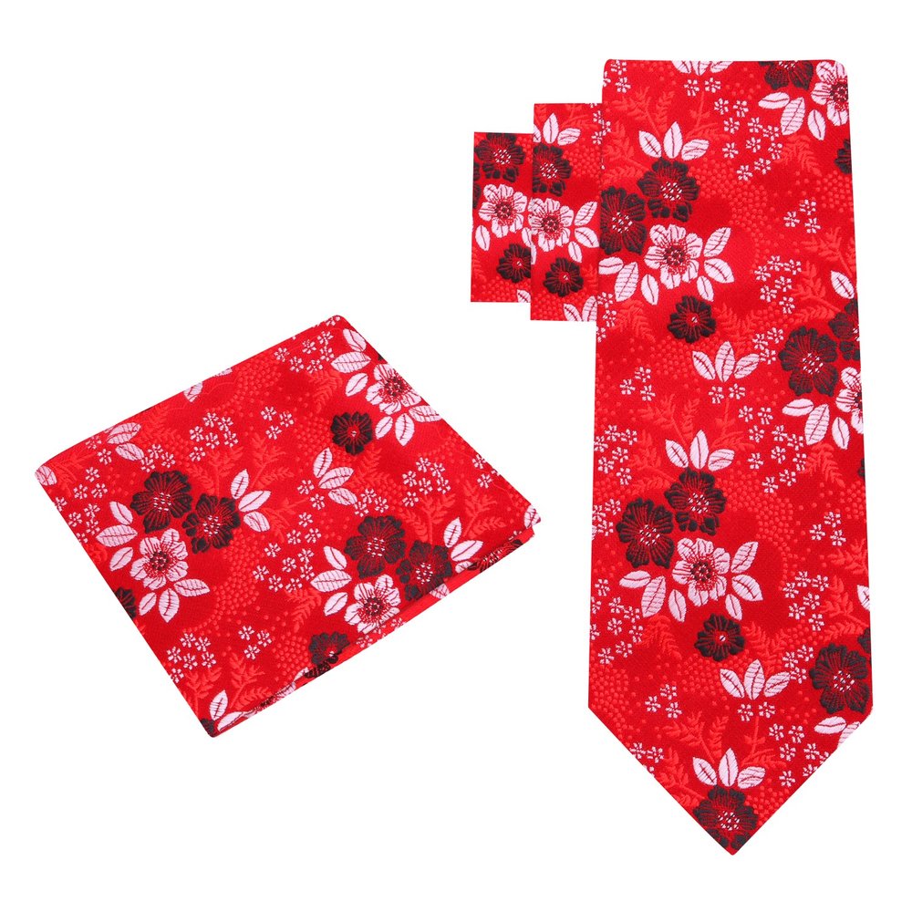 Alt View: A Red, Dark Red And White Floral Pattern Necktie With Matching Pocket Square