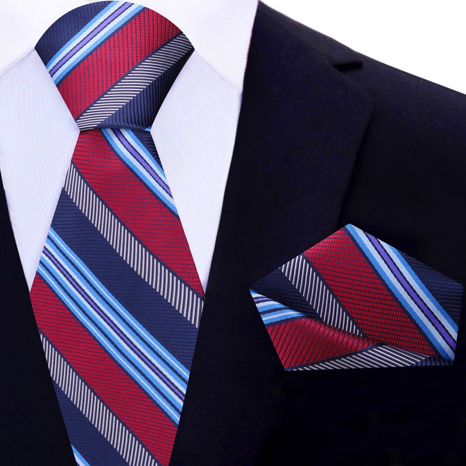 Main View: Blue, Light Blue, Red Stripe Tie and Pocket Square