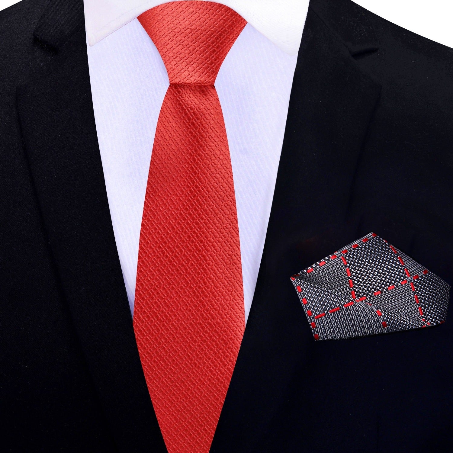 Thin Tie: Solid Red with Geometric Texture Silk Necktie with Accenting Grey, Black And Red Geometric Pocket Square