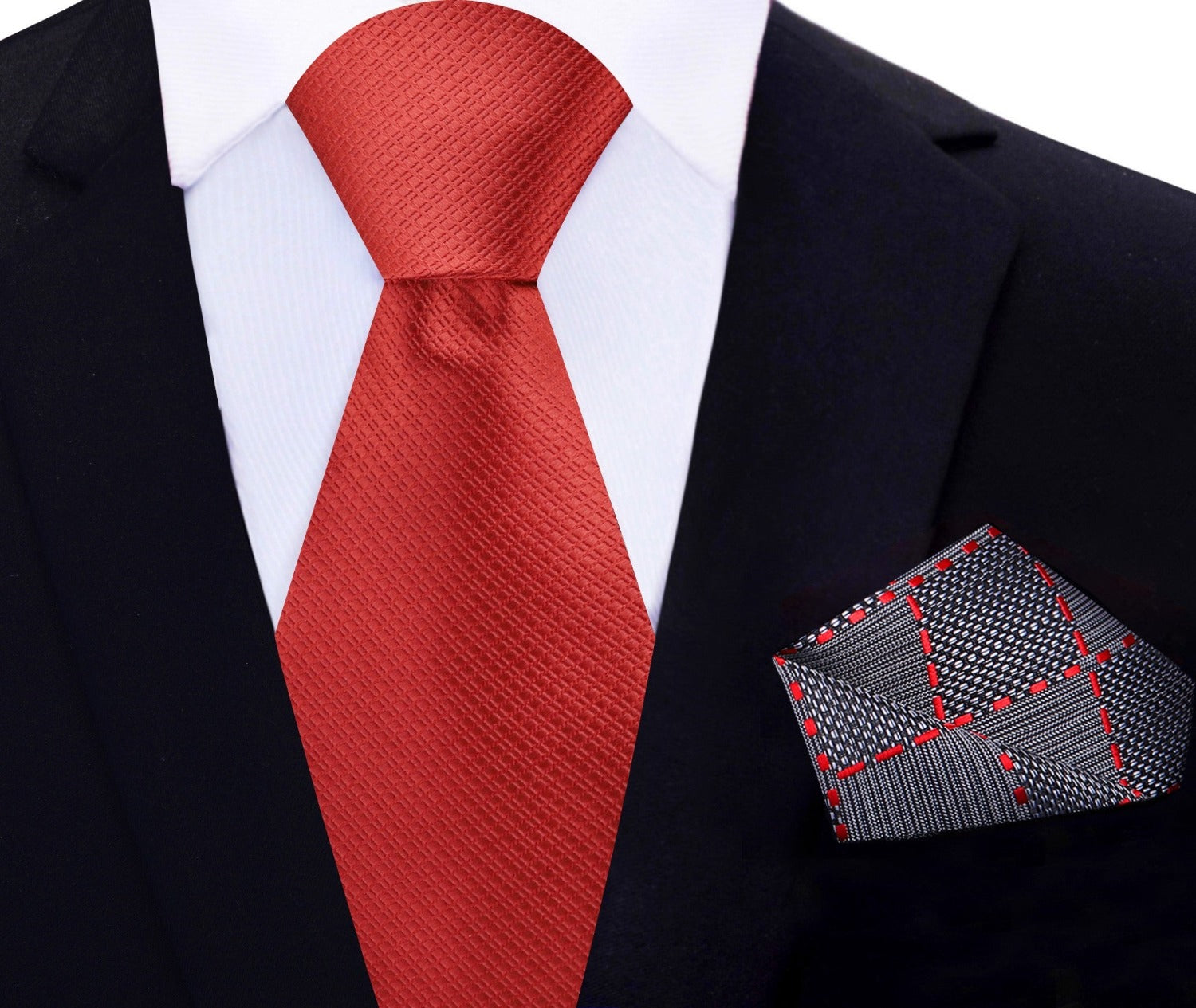 Solid Red with Geometric Texture Silk Necktie with Accenting Grey, Black And Red Geometric Pocket Square